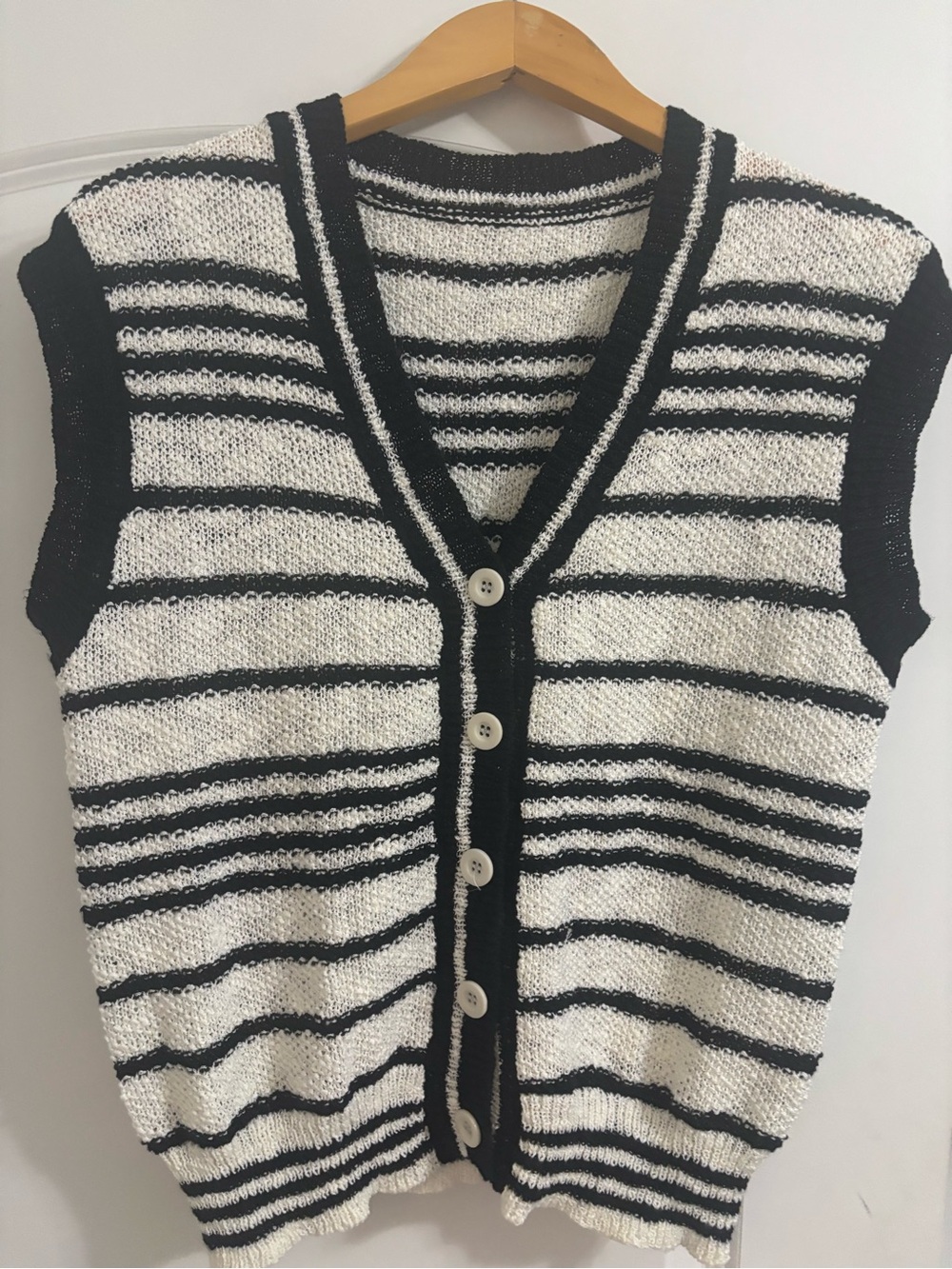 Black & White Striped Knit Button-Front Women's Sweater Vest